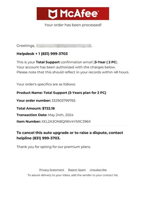 mcafee order confirmation scam.